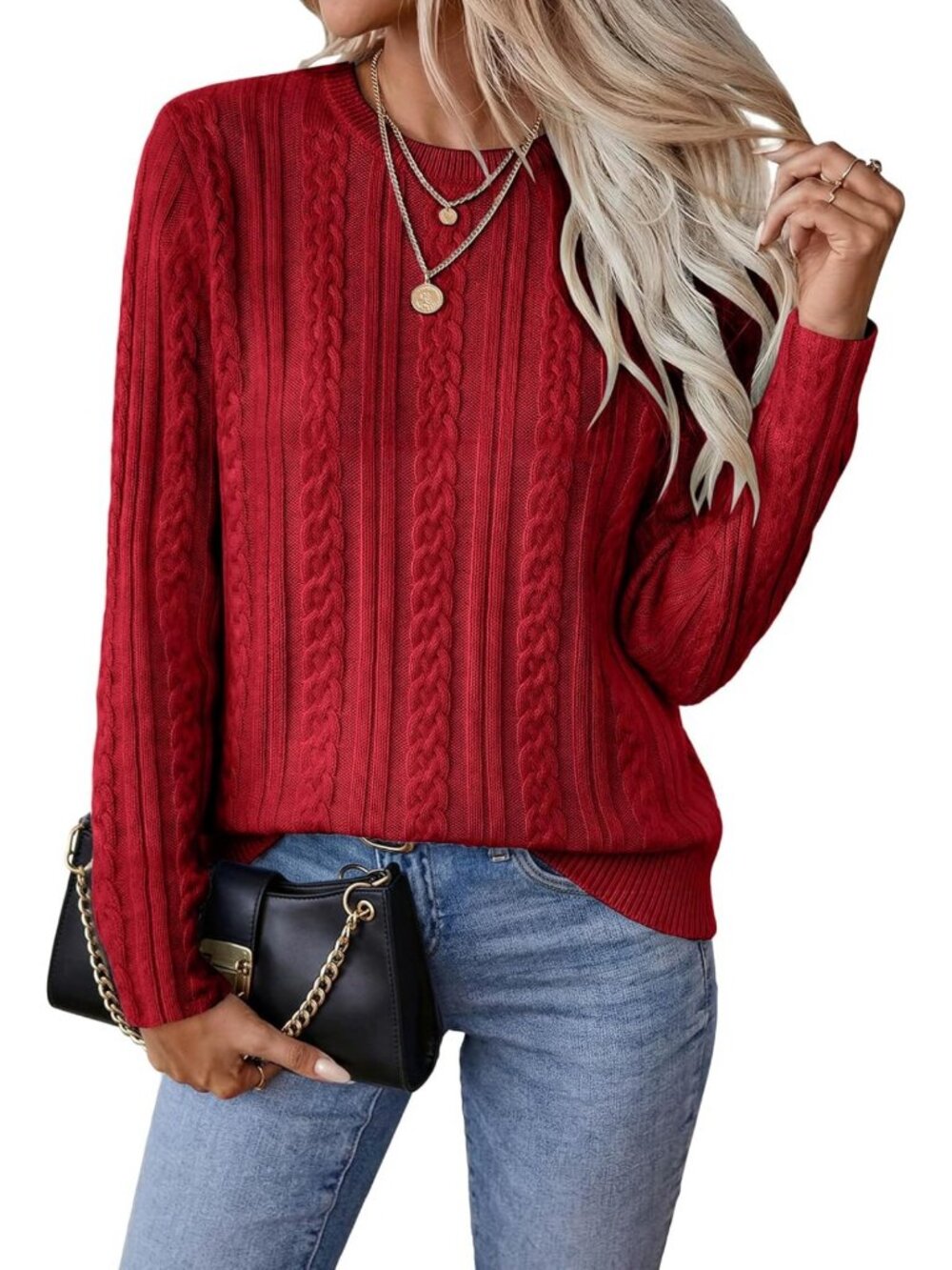 Cozy Women's Cable Knit Long Sleeve Pullover Sweater - Fitted Crewneck Top